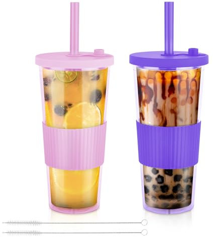 NUZEKY Reusable Cup with Lids & Straw: 2 Pack 24oz Clear Tumbler Iced Coffee Smoothie Tea Cups with Silicone Sleeve - Double Wall Insulated Cold Drinking Plastic Cups (Purple)