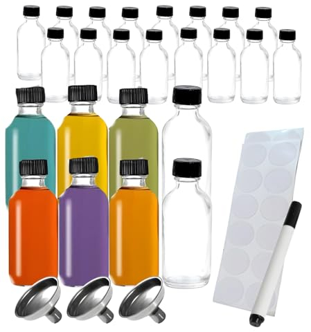 48 Stück Shot Flaschen zum Befüllen – 60ml Mini Glasflaschen mit Deckel, Trichter & Etiketten – Kleine Ingwer Shot Flaschen, Shotgläser mit Deckel, Smoothie Flasche, Glasflasche für Säfte & Whisky