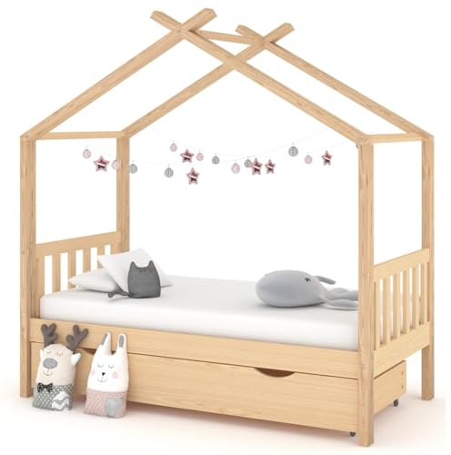 BaraSh Kinderbett mit Schublade Massivholz Kiefer 80x160 cm Hausbett 80x160cm