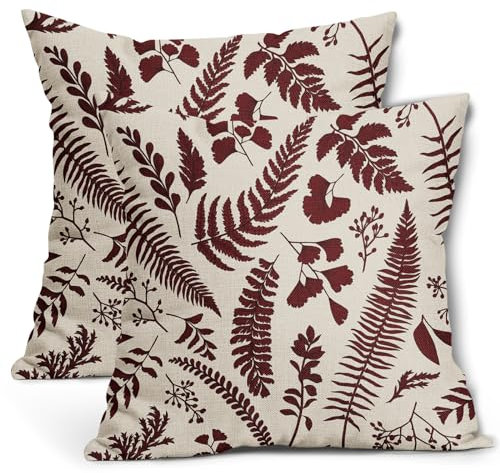 Dekorative Kissenbezüge mit tropischen Farn-Kräutern, botanischen Blättern, Vintage-Kissenbezügen, Bauernhaus, Heimdekoration, für Couch, Sofa, Veranda, Outdoor, Burgunderrot, 50,8 x 50,8 cm, 2 Stück