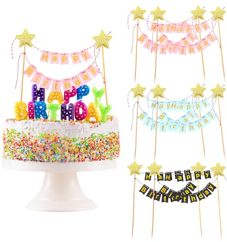 Amaxiu 6 Sets Happy Birthday Cake Topper, Bunting Banner Glitter Cake Topper Cake Gold Star Flag Banner Cupcake Topper Cake Decoration for Boys Girls Birthday Party