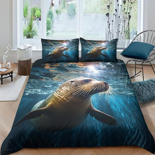 VCLUST Walross Bettbezug Set Bettwäschegarnitur 3D Gedruckter kreativ Mädchen Junge Kinder Bettwäsche Und Kissenbezüge Weich Microfaser Reissverschluss 3 Teilig King(220x240cm)