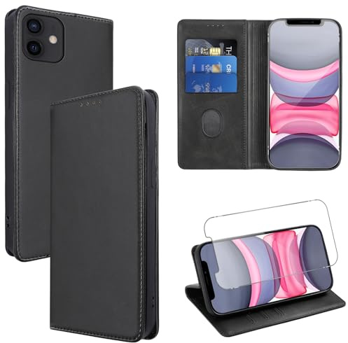 Vauki Funda Cuero para iPhone 11 con 1 Cristal Templado Carcasa PU Tipo Cartera Soporte Tarjetas Case Ranuras Soporte Plegable Tapa Libro Movil Flip Caso para iPhone 11 6.1, Negro