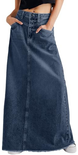 CHARTOU Maxikjol i denim och vintagestil för damer, med rå fransad fåll, hög midja och A-linjeform, lång jeanskjol