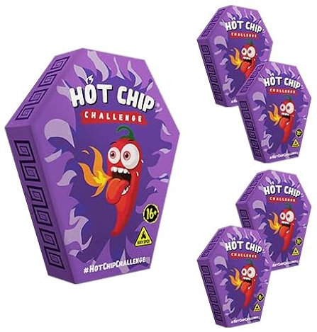 HOT-CHIP Challenge 5 x 2,5 g – Sehr scharfer Chip – Carolina Reaper – Scharfes Erlebnis – Inkl. Handschuh & Sticker – Geschenk für Chili Liebhaber, Extrem Scharf, Mutprobe, Single Chip, Geschenk (16+)