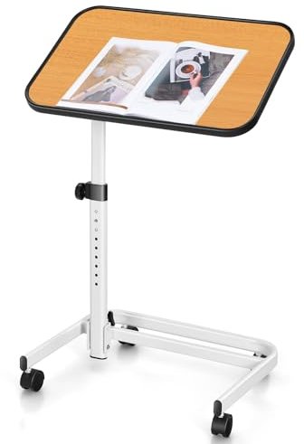 LIFEZEAL Beistelltisch mit Rollen, Betttisch Höhenverstellbar, Pflegetisch 180° Drehbar, Laptoptisch Stehend in C-Form, Krankentisch für Schlafzimmer Wohnzimmer, 61 x 43,5 x 73-93 cm (Natur)