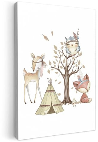 MuchoWow© Leinwandbild Dekoration Kinderzimmer Bilder Pictures Wall - Junge | 80x120 cm - Decoration Schlafzimmer Wohnungs Deko Moderne Bild Wald - Wildtiere - Indianer - Kind - Mädchen