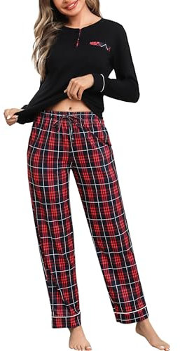 Aseniza Pyjama Femme Hiver Coton Ensembles de Pyjama Femmes Chauds Manches Longues Vêtements de Nuit Pantalon à Carreaux Loungewear 2 Pièces XL