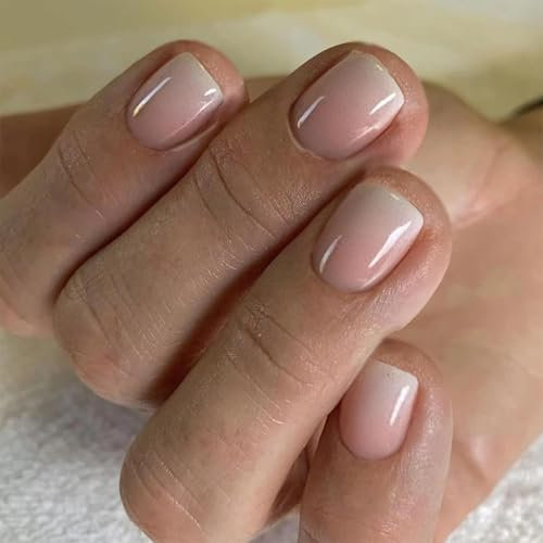 24pcs Short False Nails Nude Pink Ombre Press on Nails Petite Fake Nails Stick on Nails Glue on Nails Removable Gradient Fake Nails Women Girls Nail Art Accessories