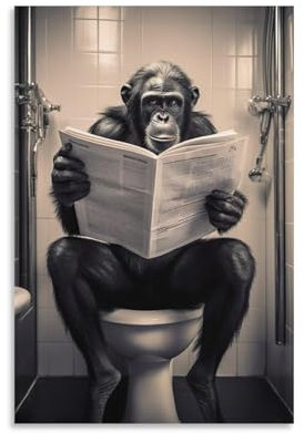 Bonobo Chimpanzé assis sur les toilettes lisant un journal drôle et insolite Poster animal vintage amusant singe sur toile Décoration murale pour salon chambre 30,5 x 45,7 cm