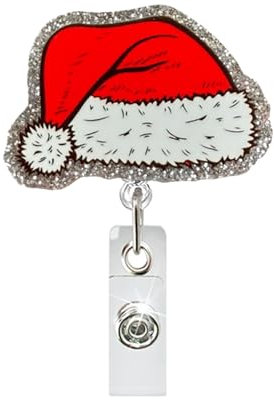 GGDECA Weihnachtsmütze, Ausweishalter, einziehbarer Clip, Weihnachtsmannmütze, Abzeichen, Spule, einziehbar, niedlicher Glitzer, Weihnachtsfeiertagsmütze, Namensschild, Acryl, Krokodilklemme für