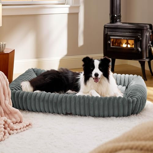 BEDSURE Hundebett Grosse Hunde orthopädisch, 109x76x20cm Cord Fleece waschbares Hundekorb, rutschfest Hunde bettchen mit hohem Rand, grau