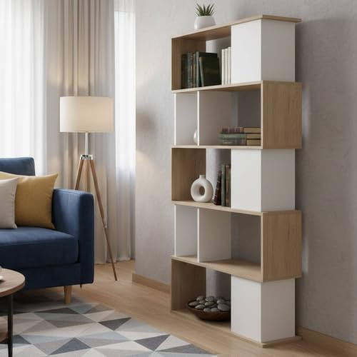 Dmora - Bücherregal Coralie, Büroregal, Mobiler Buchhalter, Bücherbrett, 80x30 h174 cm, Eiche und Weiß