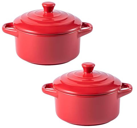 Set of 2 Mini Ceramic Casserole Pots with Lids, Oven-Safe Small Soup Pots, Perfect for Soups, Stews, and Side Dishes(Red)