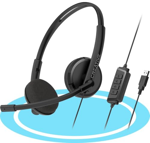 Creative HS-220 Cuffie con cavo, audio stereo con microfono girevole e soppressione attiva del rumore USB, PC/Mac/Portatile/Chromebook, telecomando, casco nero