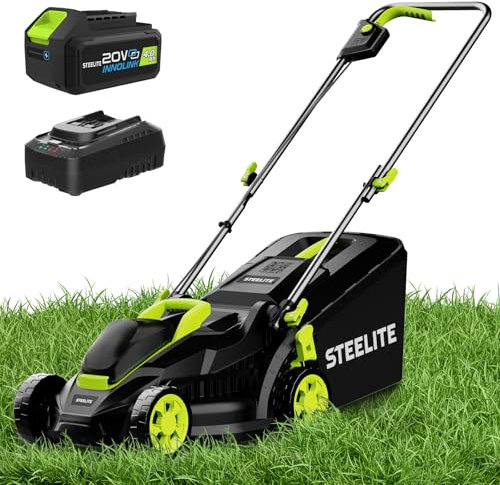 STEELITE Tondeuse à gazon sans fil de 33 cm, tondeuse électrique 21 V 4,0 Ah avec moteur sans balais, réglage de la hauteur sur 5 positions, légère, sac d'herbe de 21 litres, batterie et chargeur
