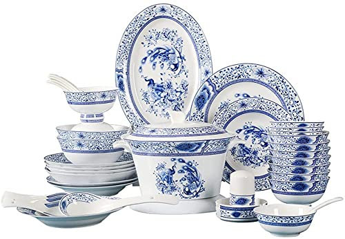 OOMRNV Traditionelle chinesische Geschirrsets, 56-teilig, Porzellan, blau-weißes Porzellangeschirr, Essgeschirr, Essteller, Schüsseln und Untertassen, Service für 6–10 Personen