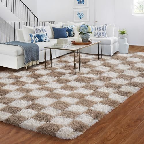 BYBSRLL Kariert Schlafzimmer Teppiche, 150x210cm Braun und Weiß Weich Wohnzimmer Teppich Groß Mädchen Jungen Jugend Kinderzimmer, Hochflor Flauschiger Langflor Läufer Bettvorleger