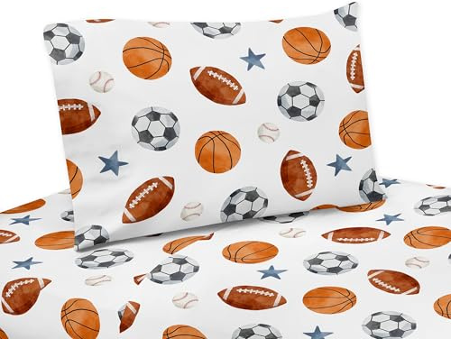 Sweet Jojo Designs Sports Theme Boy Twin Sheets Set Single Size Bed Flat Fitted Sheet Pillow Case Kids Childrens Teenager Bedding 3p Watercolor Soccer Balls Football Baseball Basketball Blue Stars