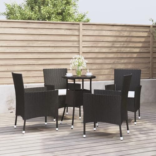 Xichuzi 5-TLG. Garten-Bistro-Set mit Kissen Schwarz Poly Rattan Bierzeltgarnitur, Gartenbar, Biertisch Bierbänke, Essgruppe, Gartenmöbel Set, Balkonmöbel, 3187415