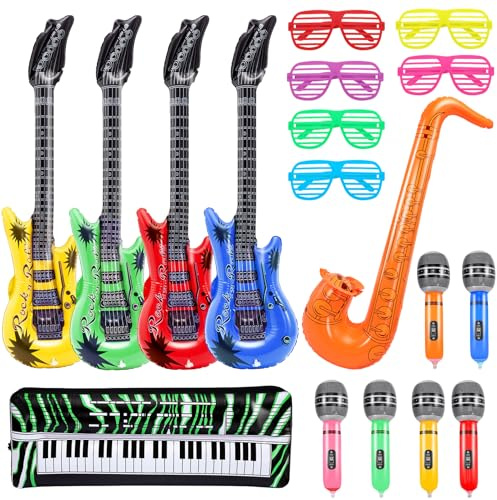 Cptoion 18 Stück Aufblasbare Musikinstrumente Kinder, Luftgitarre | Aufblasbare Instrumente Spielzeug, Aufblasen Saxophon Mikrofon Tastatur Shading Gläser, Rock Star Toy for Rock Party Deko