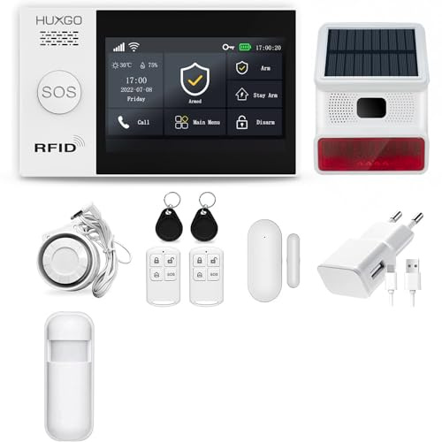 HUXGO HXA007 Funk Alarmanlage WiFi + GSM 4G Modul mit Bewegungssensor und Solar Funksirene - Bewegungsmelder mit Alarm - Alarmanlage Haus - Funk Bewegungsmelder mit Empfänger
