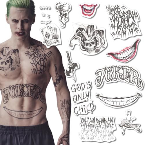 Yatatu - Tatouages temporaires Joker Suicide Squad - Cosplay - Carnaval - Halloween - Costume (Ensemble complet)
