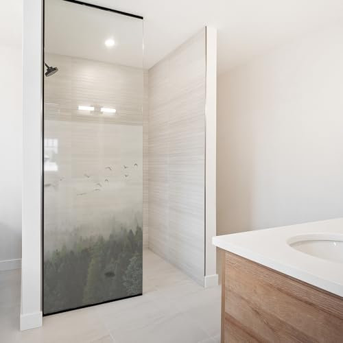 yabaduu Sichtschutzfolie für Duschkabine Duschglastüre Fensterfolie Blickdicht Milchglasfolie wasserfest Deko Klebefolie Badezimmer Dusche selbstklebend YX001 (04 Wald, 80 x 120cm)