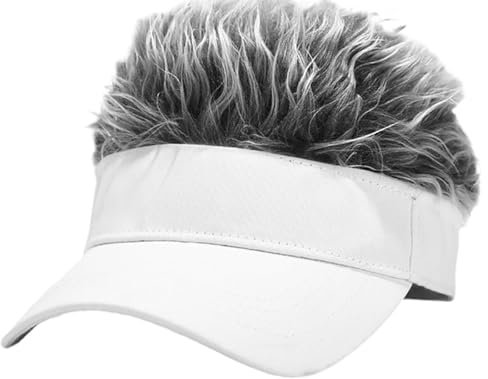 LXOrdora Mens Visor Hats with Spiked Wig Novelty Adjustable Baseball Golf Cap with Fake Hair White Grey
