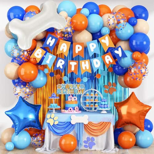 Orange and Blue Birthday Decorations for Boys, Orange Light Blue Nude Confetti Latex Balloons Dog Cake Topper Bone Star Foil Balloon Happy Birthday Banner for Girl Boy Cartoon Theme Party Supplies