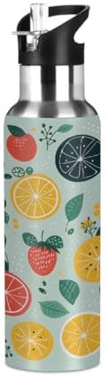 Mexpekil Sports Water Bottle with Straw, Double Wall Insulated Stainless Steel Bottles, Reusable Leakproof Drink Flask for Gym, Work, Travel(Orange Strawberry)