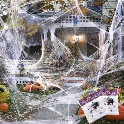 Wzone 200g Spinnennetz mit 60 Spinnen – Dehnbare Halloween Deko für Innen & Außen, Gruselige Spinnweben Deko für Garten, Haus & Party