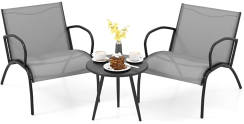 COSTWAY 3-Piece Patio Bistro Set, Garden Furniture Set with Round Coffee Table and Armchairs, Metal Frame Outdoor Conversation Table Chairs Set for Backyard, Porch and Poolside