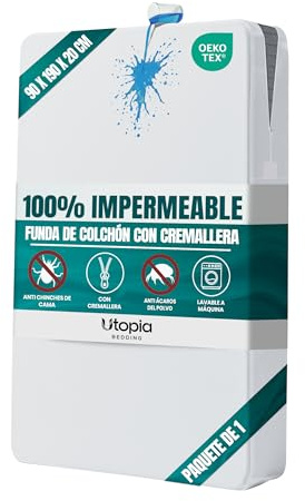 Coprimaterasso Integrale Impermeabile con Zip 90 x 190 x 20 cm, Antiacaro | Coprimaterasso antiacaro e anticimici, certificato Oeko-Tex, con chiusura a cerniera Utopia Bedding