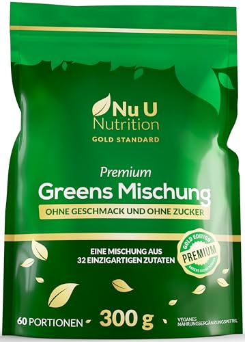 Premium Greens Pulver | 300 g - 32 Wirkstoffe - 60 Portionen - Ashwagandha KSM-66®, Matcha, Verdauungsenzyme, Probiotika, Vitamine und Mineralstoffe - ohne Geschmack, ungesüßt, vegan - Nu U Nutrition