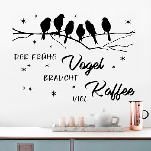 WandSticker4U®- XXL Wandtattoo Sprüche für die Küche DER FRÜHE VOGEL... + VÖGEL auf AST schwarz (120x68 cm) I Wandsticker Wandtattoo Küche Kaffee Spruch Deko für Büro, Esszimmer COOL