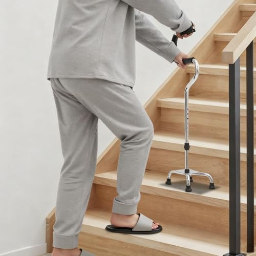 Höhenverstellbarer Gehstock Aluminium Aufstehhilfe mit 4-zackiger Basis, ergonomischem Griff und gepolsterter Handauflage, als Mobilitätshilfe, Steh-und Gehhilfe für Senioren (Silber)