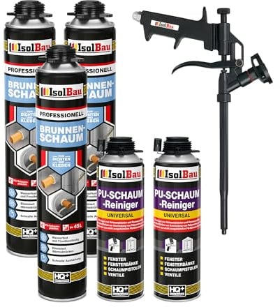 Isolbau - Brunnenschaum 1K Bauschaum Wasserdicht Aussen und Innen - 3 x Montageschaum 750 ml, 2 x PU-Schaum-Reiniger & 1 x Schaumpistole - PU-Schaum - Pistolenschaum Dämmschaum Isolierschaum