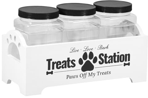 RHAIQBVC Dog Treat Container Wooden Dog Food Storage Container with 3 Plastic Jars Rustic Cat Treat Container Practical Pet Treat Storage Organizer for Pet Owners & Lovers (White -3 jars)