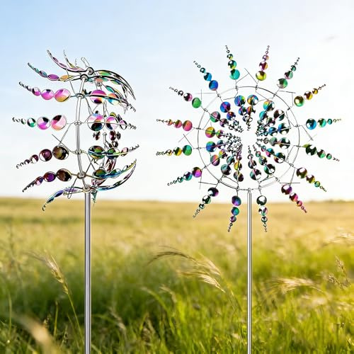 Magische Windmühle Aus Metall, NAVESO Upgraded 3D 360° Dual Rotors Windspiele für Draußen Stehend, Kinetische Windspiel Metall für Draußen, Hof, Patio Rasen und Garten