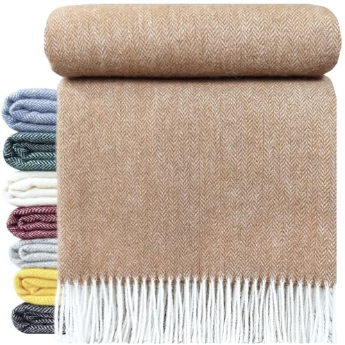 STTS International Wolldecke 100% Schurwolle Wohndecke in versch. Farben Tagesdecke Schurwolldecke Woll-Plaid 140 x 200 cm Tirol (A Beige)