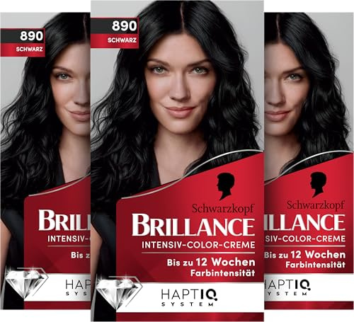 Schwarzkopf Brillance Intensiv-Color-Creme 890 Schwarz (170 ml), Haarfarbe | Permanente Haarfarbe mit 100 % Grauabdeckung, Coloration mit pflegendem Biotin-Komplex für bis zu 12 Wochen Farbintensität