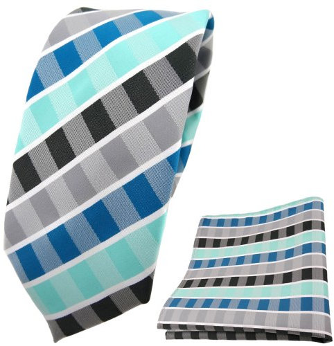 TigerTie - schmale Designer Krawatte Designer Einstecktuch in türkis mint wasserblau grau anthrazit weiß gestreift