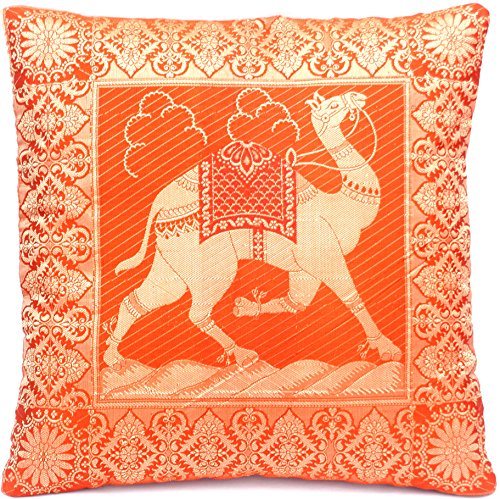 ***ORANGE*** Indische Seide Deko Kissenbezüge 40 cm x 40 cm, Extravaganten Kamel Design für Sofa & Bett Dekokissen, Kissenhülle aus Indien. Angebot gültig solange der Vorrat reicht