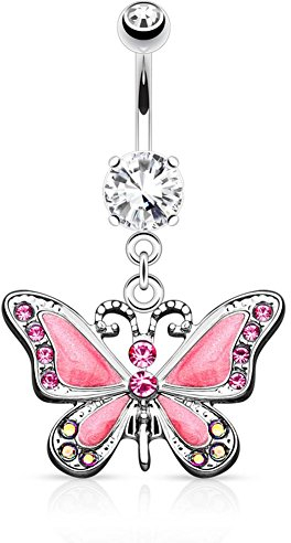 Paula & Fritz® Bauch-nabelpiercing Chirurgenstahl Schmetterling Anhänger Zirkonia Silber Pink Banane Bauch-Piercing Bananabell Nabel-Piercing 10-mm Stab