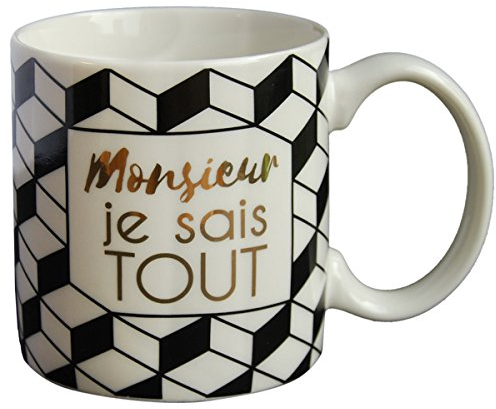 DRAEGER Paris - Mug Black & Gold Porcelaine Fine Monsieur Je Sais Tout - Mug Humour pour collègue, ami, Copain, frère -Tasse à café Originale avec Coffret Cadeau