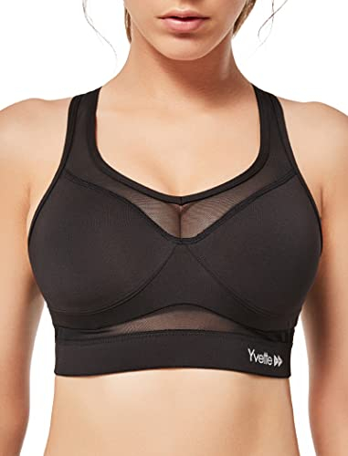 Yvette Sport BH Starker Halt Mesh Ringerrücken Große Brüste Ohne Bügel Gepolstert für Fitness Lauf Yoga, Schwarz, 5XL Große Größen