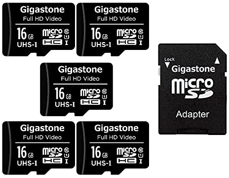 GIGASTONE 16GB MicroSDHC Speicherkarte 5er-Pack + SD Adapter, für Action-Kamera, GoPro, Drohne und Tablet, Lesegeschwindigkeit bis zu 85MB/s, Full HD-Videoaufnahme, Micro SD Karte UHS-I Klasse 10 U1