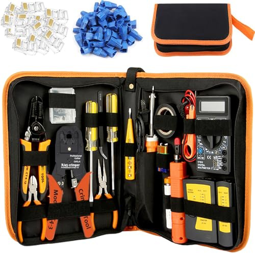 LEATBUY Network Crimp Tool Kit for RJ45/RJ11/RJ12/CAT5/CAT6/Cat5e/8P, Professional Crimper Connector Stripper Cutter, Computer Maintenance Lan Cable Pliers Tester Soldering Iron Set(Orange)