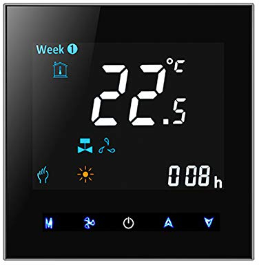 Qiumi Termostato WiFi, Aire Acondicionado Inteligente Controlador de Temperatura, 2 Tubos, Funciona con Alexa Página Principal de Google, Negro Panel 95~240V AC